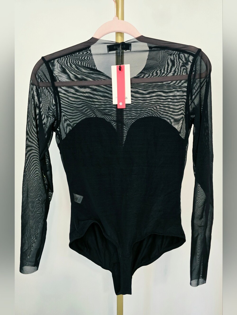 Popilush Mesh Long Sleeve Sheer Bodysuit Illusion Neck Stretch Black Top Sexy